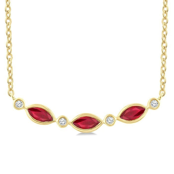 4X2 MM Marquise Shape Ruby and 1/50 Ctw Round Cut Diamond Precious Bar Necklace in 10K Yellow Gold