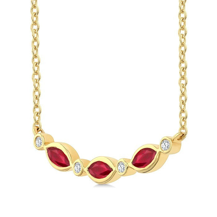 4X2 MM Marquise Shape Ruby and 1/50 Ctw Round Cut Diamond Precious Bar Necklace in 10K Yellow Gold