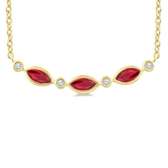 4X2 MM Marquise Shape Ruby and 1/50 Ctw Round Cut Diamond Precious Bar Necklace in 10K Yellow Gold