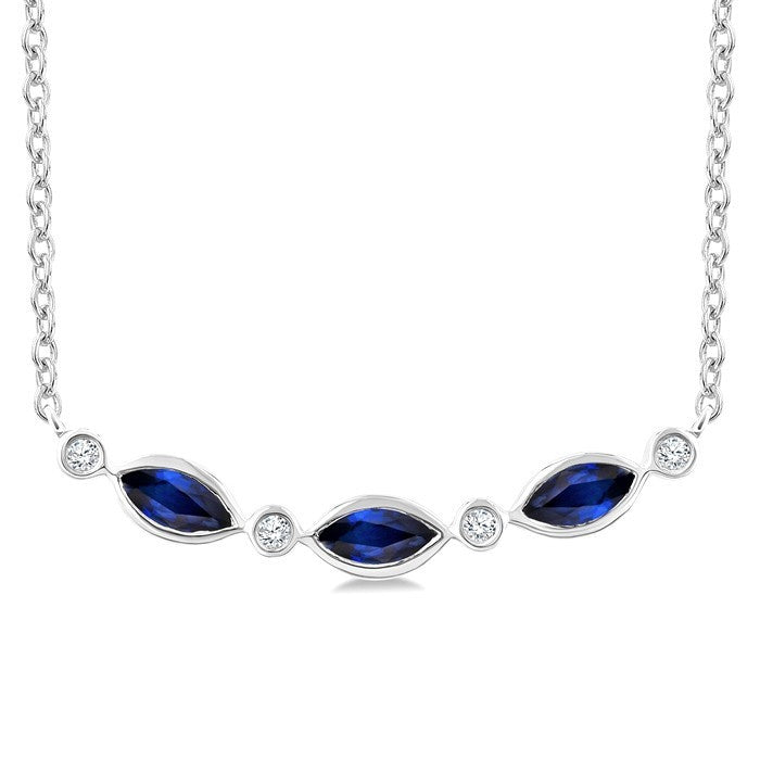 4X2 MM Marquise Shape Sapphire and 1/50 Ctw Round Cut Diamond Precious Bar Necklace in 10K White Gold
