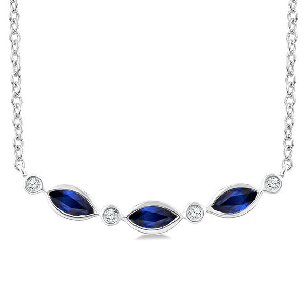 4X2 MM Marquise Shape Sapphire and 1/50 Ctw Round Cut Diamond Precious Bar Necklace in 10K White Gold