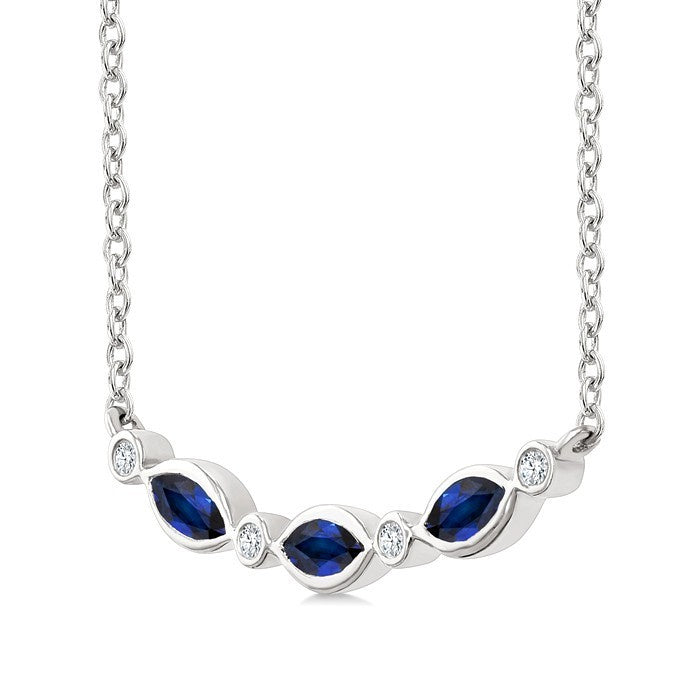 4X2 MM Marquise Shape Sapphire and 1/50 Ctw Round Cut Diamond Precious Bar Necklace in 10K White Gold