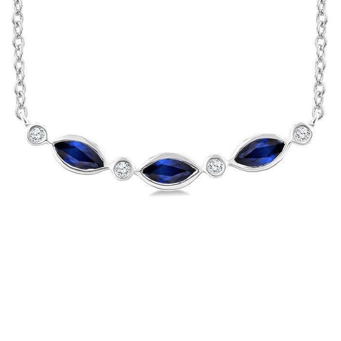 4X2 MM Marquise Shape Sapphire and 1/50 Ctw Round Cut Diamond Precious Bar Necklace in 10K White Gold