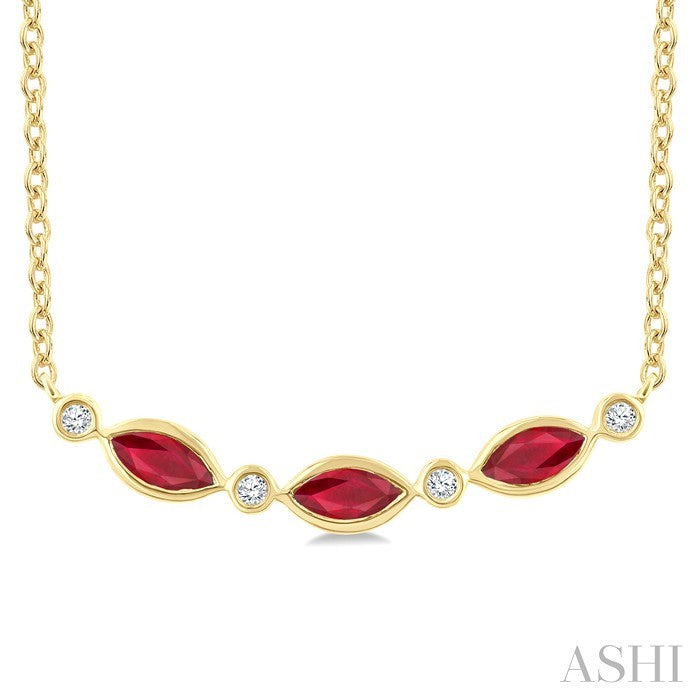 4X2 MM Marquise Shape Ruby and 1/50 Ctw Round Cut Diamond Precious Bar Necklace in 10K Yellow Gold