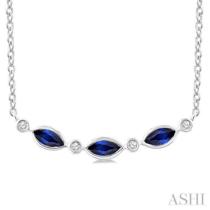 4X2 MM Marquise Shape Sapphire and 1/50 Ctw Round Cut Diamond Precious Bar Necklace in 10K White Gold
