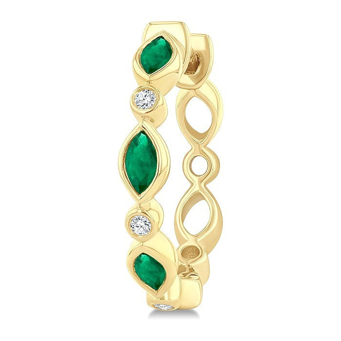 4X2MM Marquise Cut Emerald and 1/20 Ctw Bezel Set Round cut Diamond Precious Fashion Hoop Earrings in 10K Yellow Gold