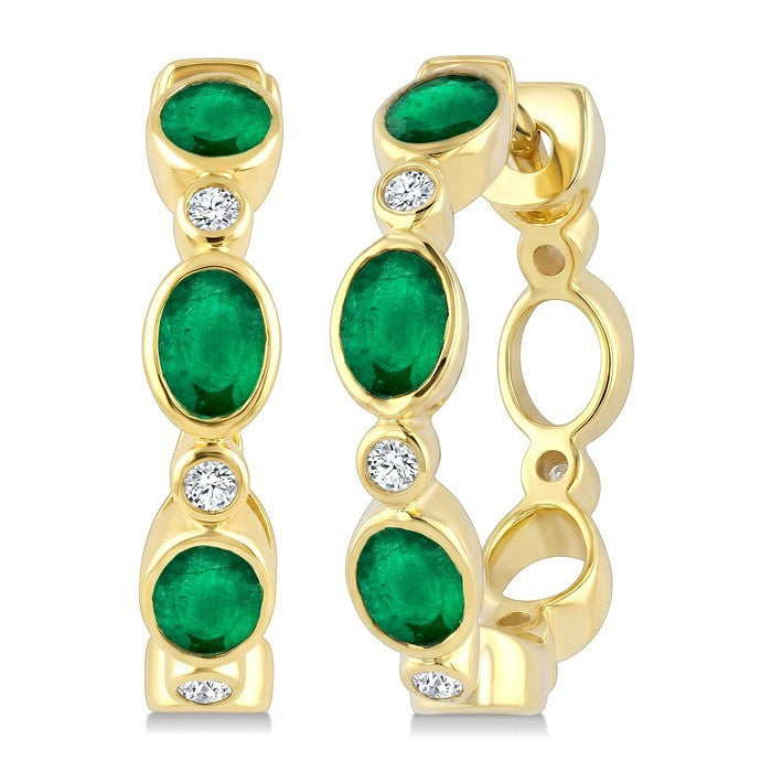 4X3 MM Oval Shape Emerald and 1/20 Ctw Bezel Set Round Cut Diamond Fashion Hoop Earrings in 10K Yellow Gold
