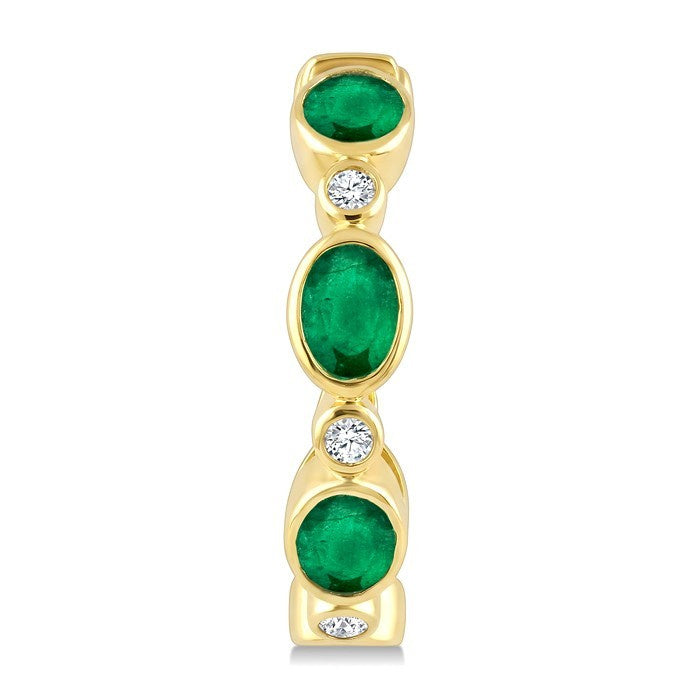 4X3 MM Oval Shape Emerald and 1/20 Ctw Bezel Set Round Cut Diamond Fashion Hoop Earrings in 10K Yellow Gold
