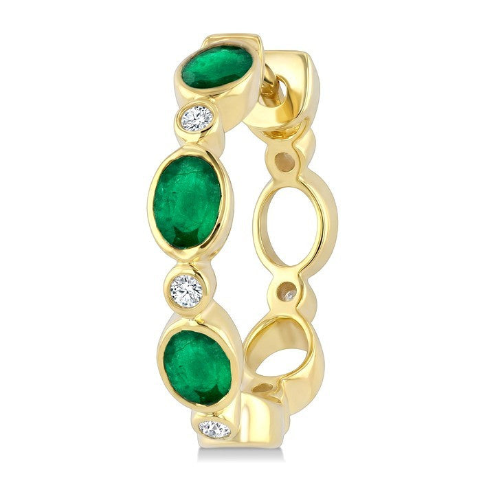 4X3 MM Oval Shape Emerald and 1/20 Ctw Bezel Set Round Cut Diamond Fashion Hoop Earrings in 10K Yellow Gold