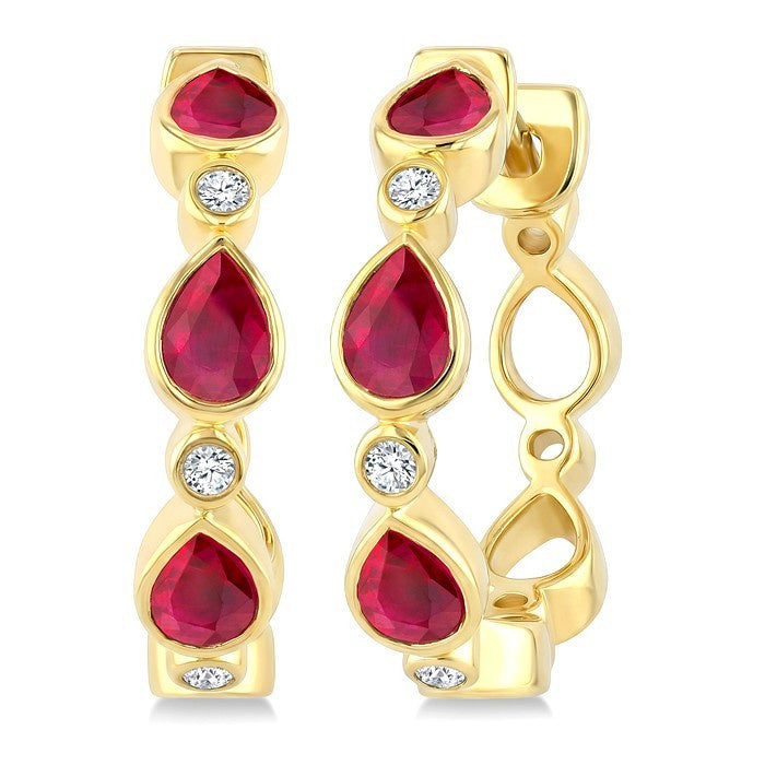 4X3 MM Pear Shape Ruby and 1/20 Ctw Bezel Set Round Cut Diamond Fashion Hoop Earrings in 10K Yellow Gold