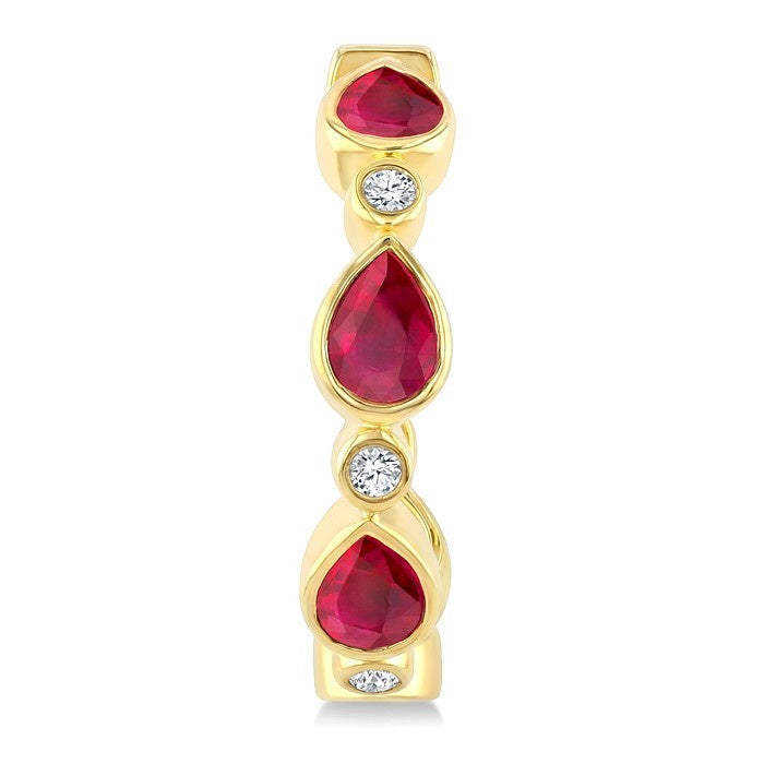 4X3 MM Pear Shape Ruby and 1/20 Ctw Bezel Set Round Cut Diamond Fashion Hoop Earrings in 10K Yellow Gold