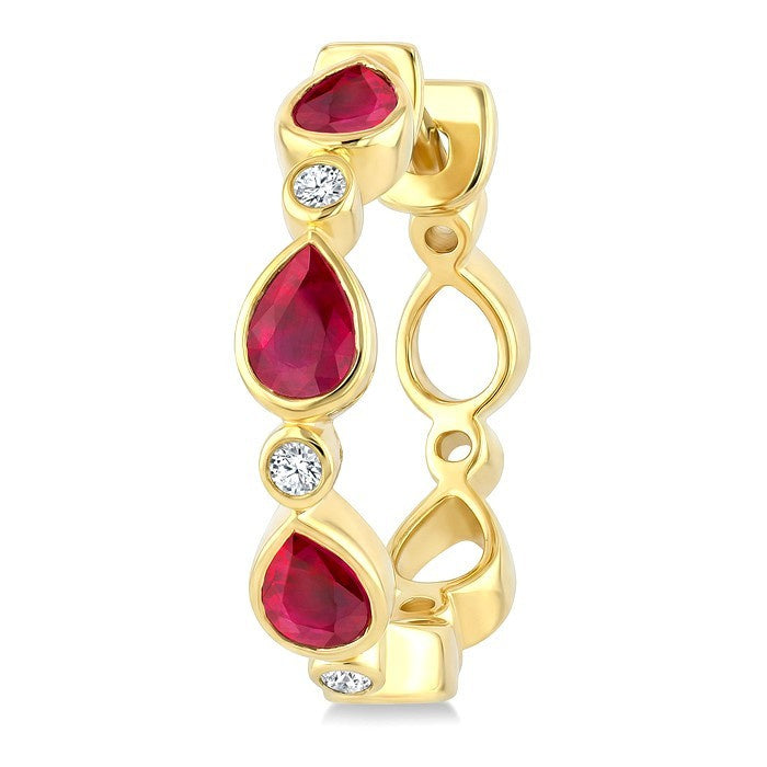 4X3 MM Pear Shape Ruby and 1/20 Ctw Bezel Set Round Cut Diamond Fashion Hoop Earrings in 10K Yellow Gold