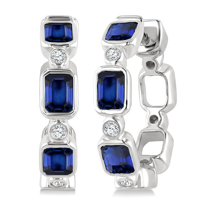 4X3 MM Octagon Shape Sapphire and 1/20 Ctw Bezel Set Round Cut Diamond Fashion Hoop Earrings in 10K White Gold