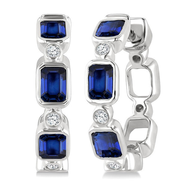 4X3 MM Octagon Shape Sapphire and 1/20 Ctw Bezel Set Round Cut Diamond Fashion Hoop Earrings in 10K White Gold