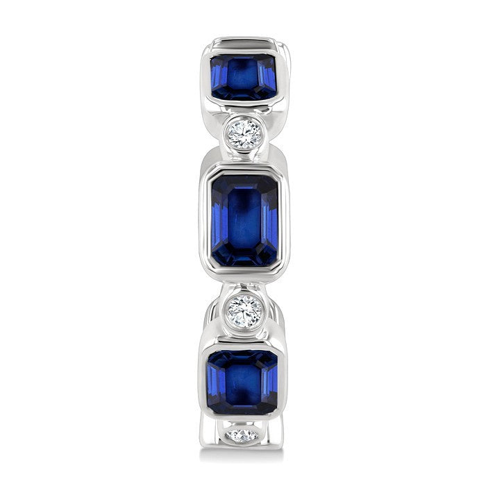 4X3 MM Octagon Shape Sapphire and 1/20 Ctw Bezel Set Round Cut Diamond Fashion Hoop Earrings in 10K White Gold