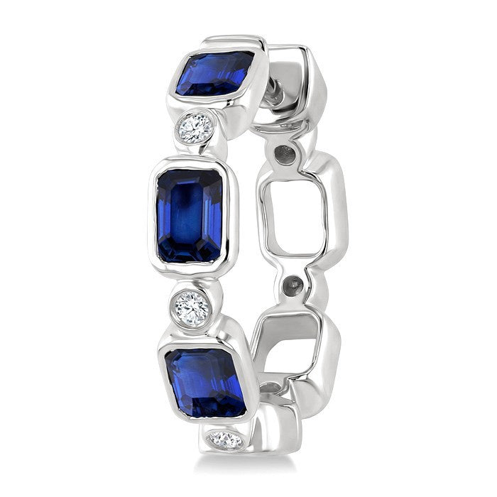 4X3 MM Octagon Shape Sapphire and 1/20 Ctw Bezel Set Round Cut Diamond Fashion Hoop Earrings in 10K White Gold