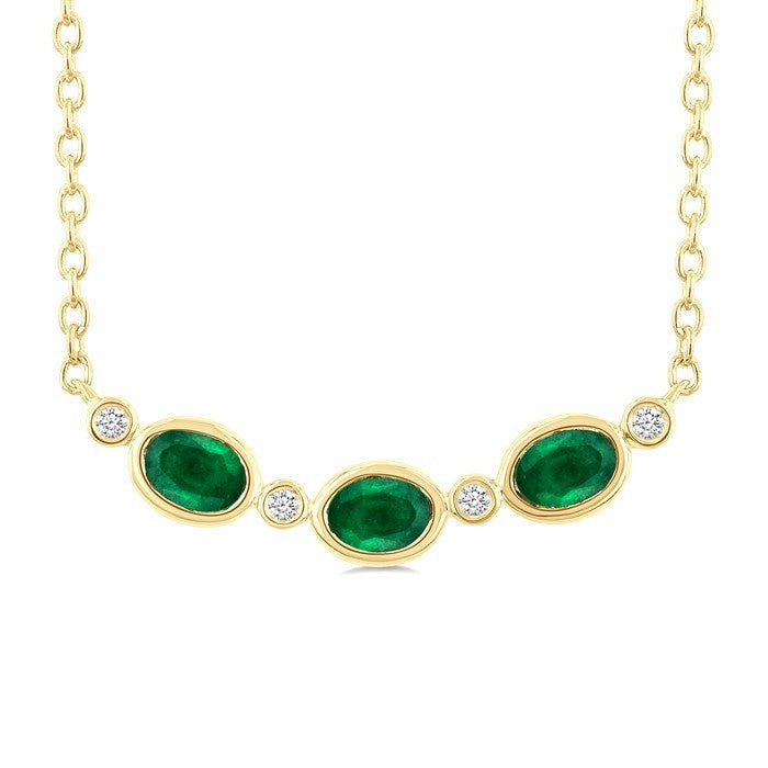 4X3MM Oval Cut Emerald and 1/50 Ctw Bezel Set Round Cut Diamond Precious Fashion Necklace in 10K Yellow Gold