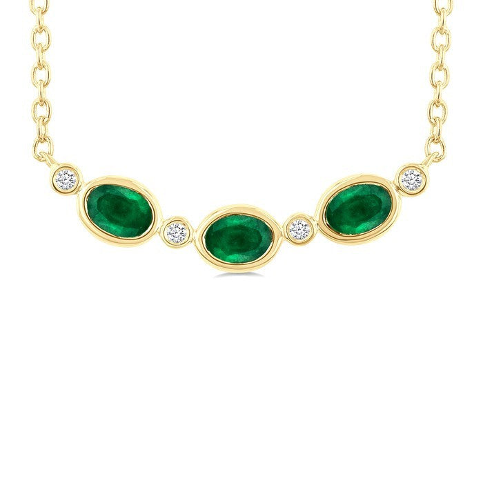 4X3MM Oval Cut Emerald and 1/50 Ctw Bezel Set Round Cut Diamond Precious Fashion Necklace in 10K Yellow Gold