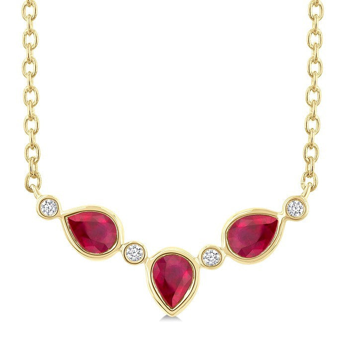 4X3MM Pear Cut Ruby and 1/50 Ctw Bezel Set Round Cut Diamond Precious Fashion Necklace in 10K Yellow Gold
