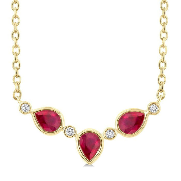 4X3MM Pear Cut Ruby and 1/50 Ctw Bezel Set Round Cut Diamond Precious Fashion Necklace in 10K Yellow Gold