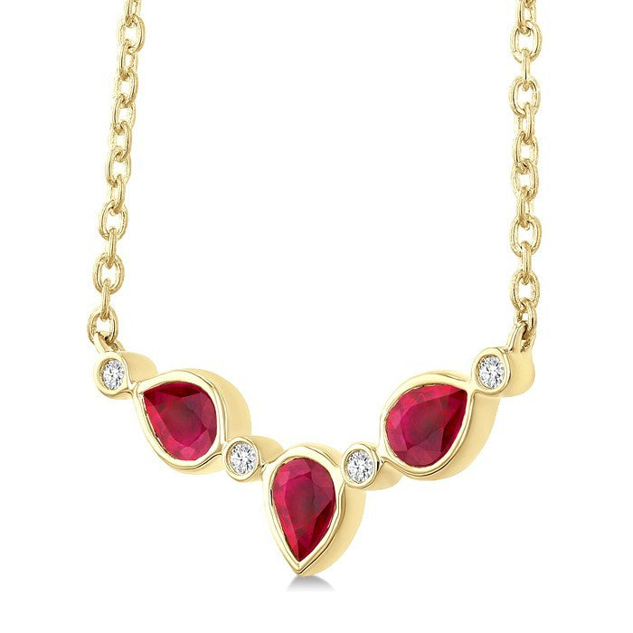 4X3MM Pear Cut Ruby and 1/50 Ctw Bezel Set Round Cut Diamond Precious Fashion Necklace in 10K Yellow Gold