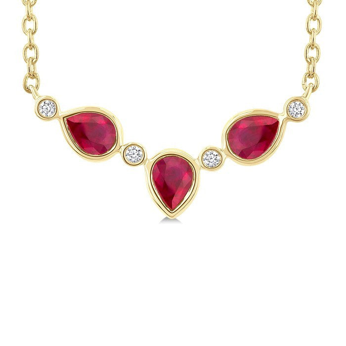 4X3MM Pear Cut Ruby and 1/50 Ctw Bezel Set Round Cut Diamond Precious Fashion Necklace in 10K Yellow Gold