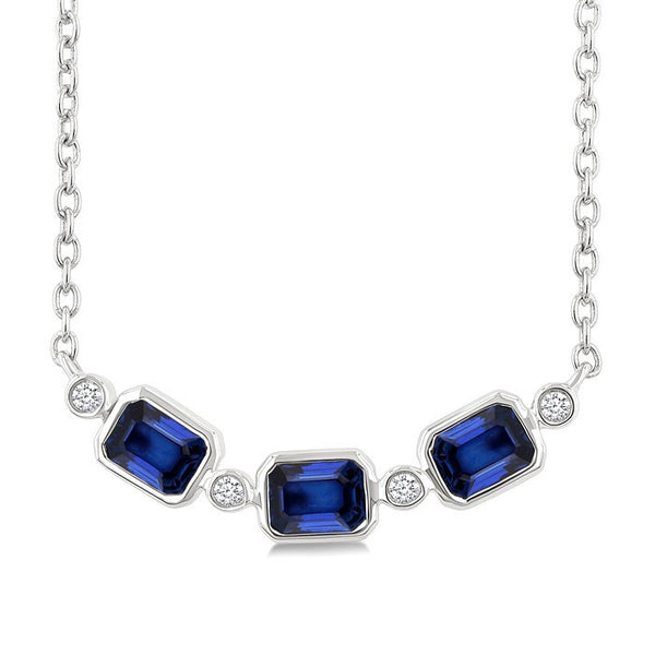 4X3MM Emerald Cut Sapphire and 1/50 Ctw Bezel Set Round Cut Diamond Precious Fashion Necklace in 10K White Gold