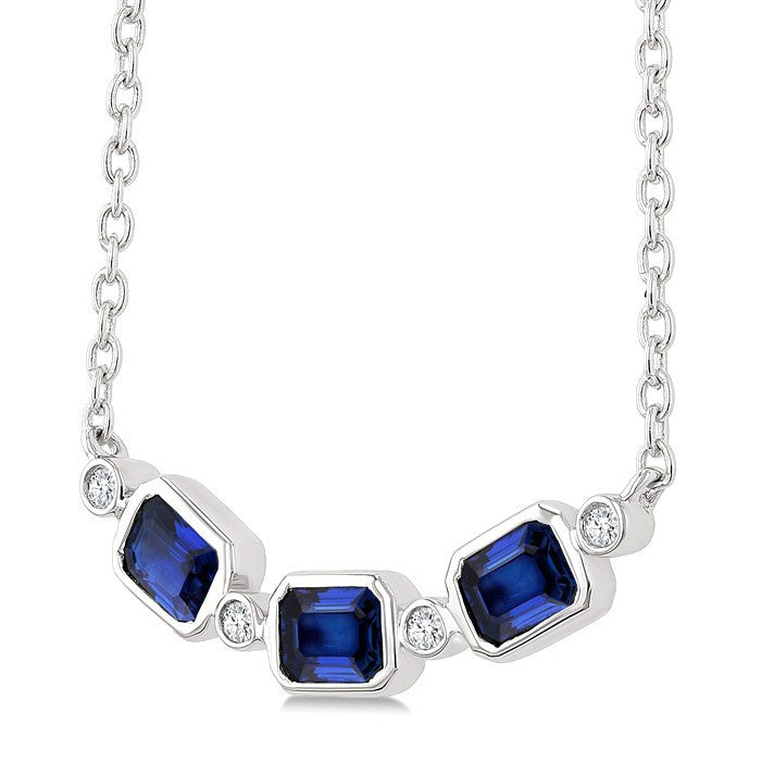 4X3MM Emerald Cut Sapphire and 1/50 Ctw Bezel Set Round Cut Diamond Precious Fashion Necklace in 10K White Gold
