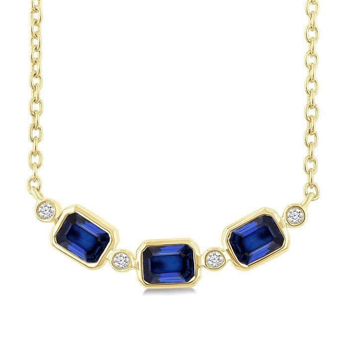 4X3MM Emerald Cut Sapphire and 1/50 Ctw Bezel Set Round Cut Diamond Precious Fashion Necklace in 10K Yellow Gold
