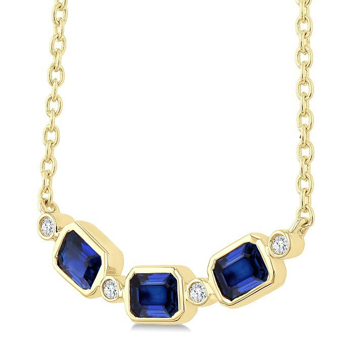 4X3MM Emerald Cut Sapphire and 1/50 Ctw Bezel Set Round Cut Diamond Precious Fashion Necklace in 10K Yellow Gold