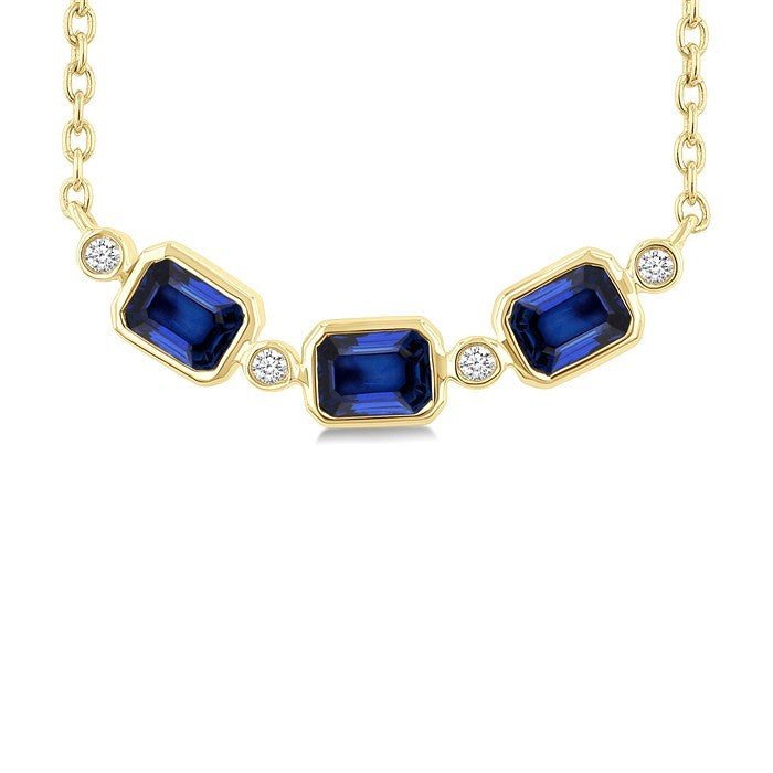4X3MM Emerald Cut Sapphire and 1/50 Ctw Bezel Set Round Cut Diamond Precious Fashion Necklace in 10K Yellow Gold