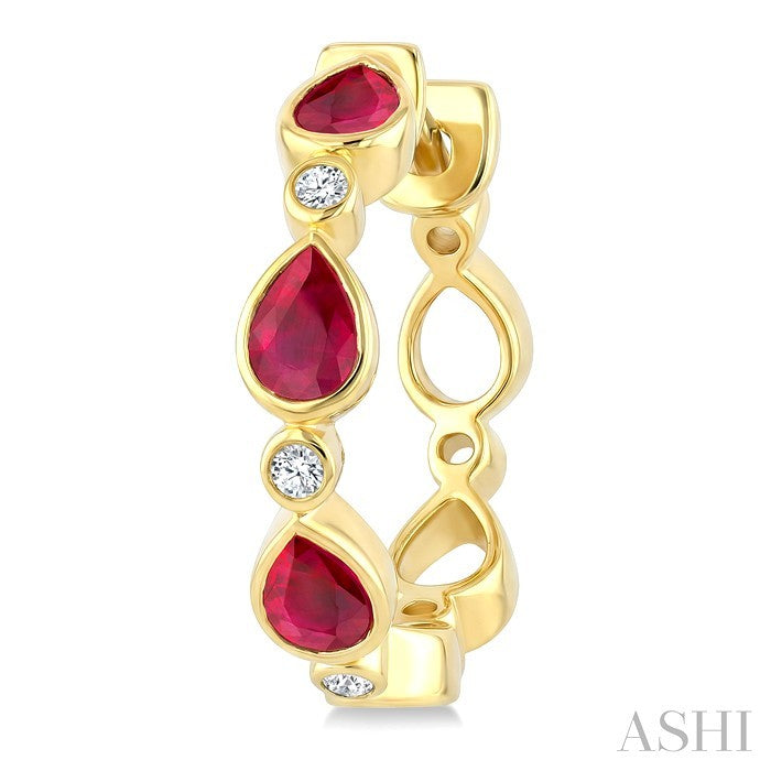4X3 MM Pear Shape Ruby and 1/20 Ctw Bezel Set Round Cut Diamond Fashion Hoop Earrings in 10K Yellow Gold