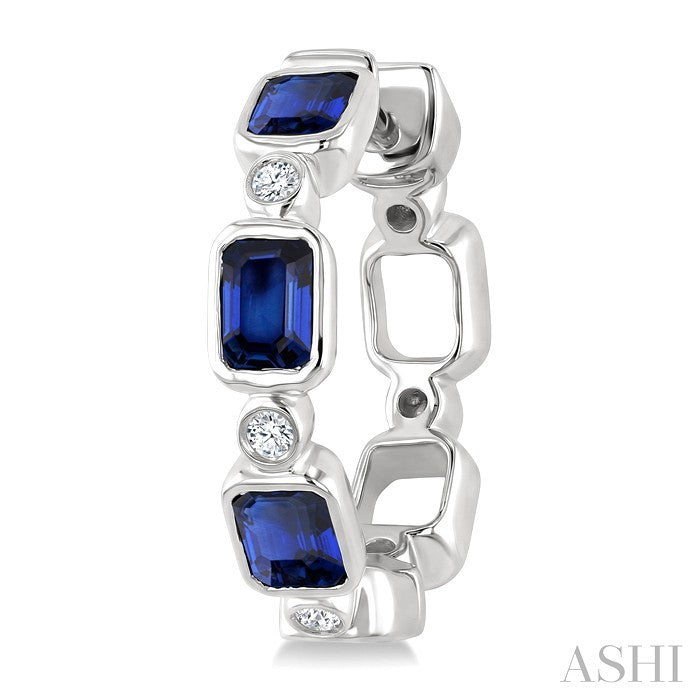 4X3 MM Octagon Shape Sapphire and 1/20 Ctw Bezel Set Round Cut Diamond Fashion Hoop Earrings in 10K White Gold