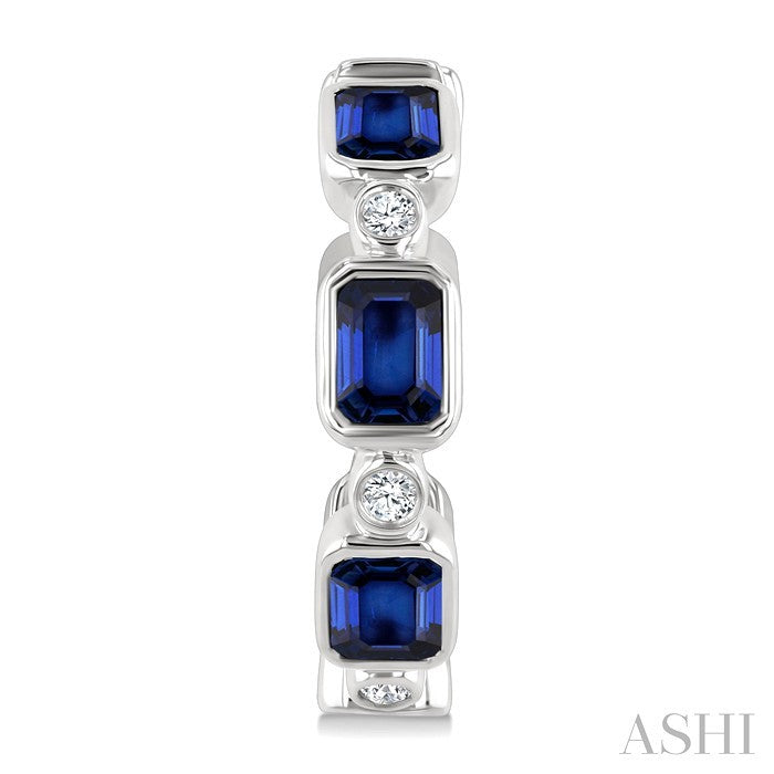 4X3 MM Octagon Shape Sapphire and 1/20 Ctw Bezel Set Round Cut Diamond Fashion Hoop Earrings in 10K White Gold