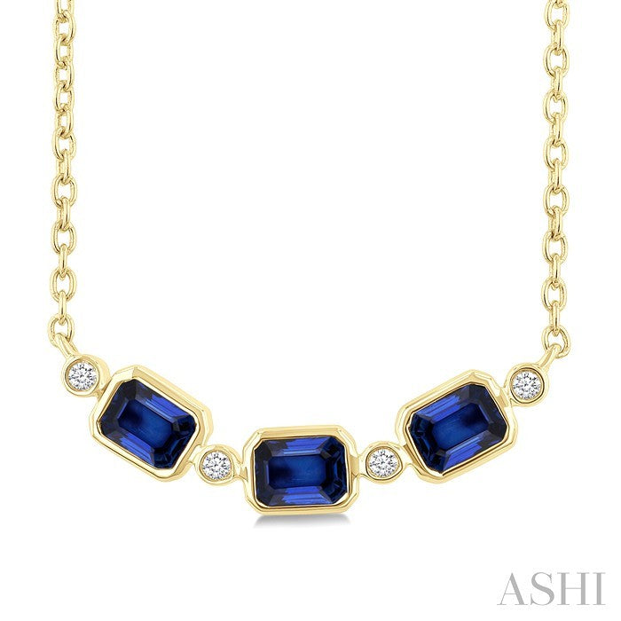 4X3MM Emerald Cut Sapphire and 1/50 Ctw Bezel Set Round Cut Diamond Precious Fashion Necklace in 10K Yellow Gold