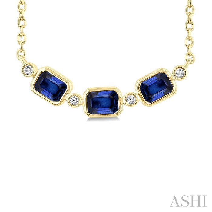 4X3MM Emerald Cut Sapphire and 1/50 Ctw Bezel Set Round Cut Diamond Precious Fashion Necklace in 10K Yellow Gold