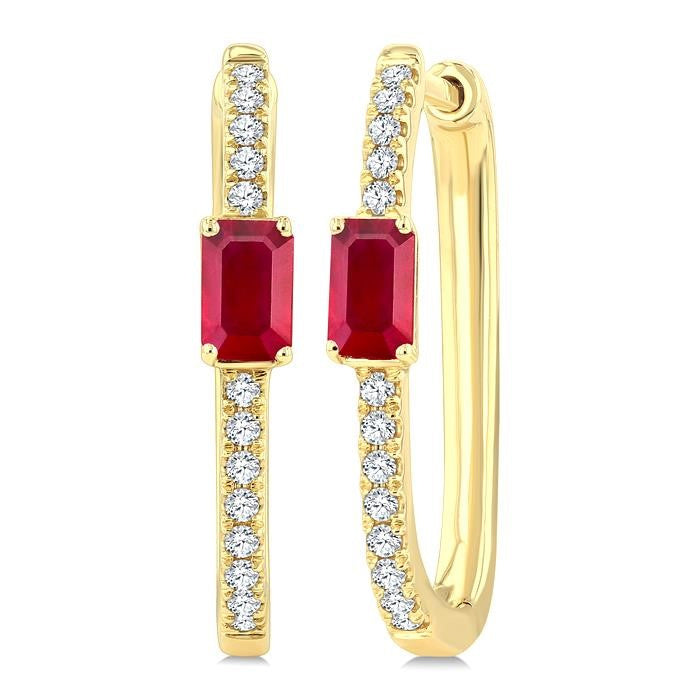 1/5 Ctw Emerald Cut 5X3MM Ruby and Round Cut Diamond Precious Hoop Earrings in 10K Yellow Gold