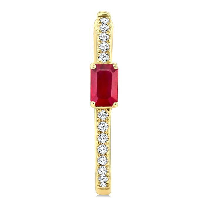1/5 Ctw Emerald Cut 5X3MM Ruby and Round Cut Diamond Precious Hoop Earrings in 10K Yellow Gold