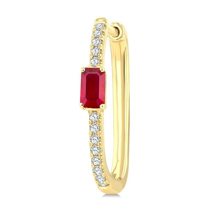 1/5 Ctw Emerald Cut 5X3MM Ruby and Round Cut Diamond Precious Hoop Earrings in 10K Yellow Gold