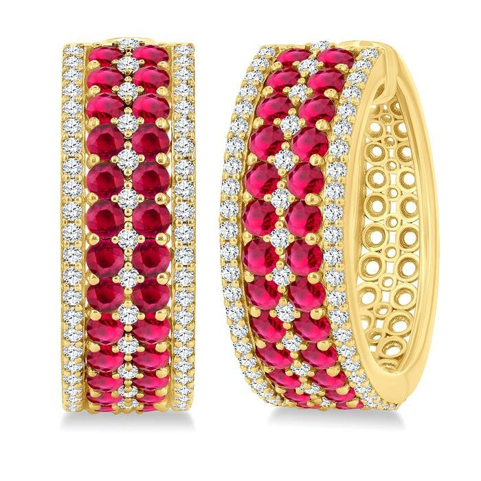 3/4 Ctw 2.00MM Round Cut Ruby and Round Cut Diamond Precious Hoop Earrings in 14K Yellow Gold