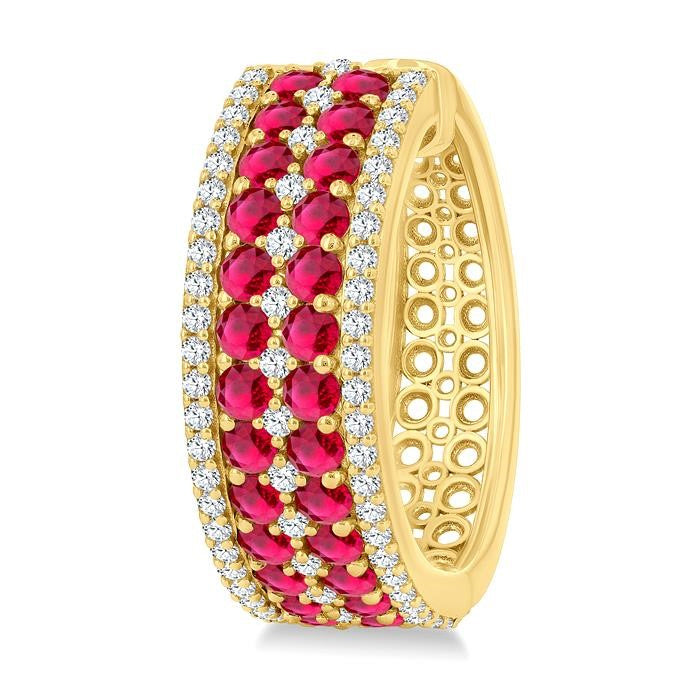 3/4 Ctw 2.00MM Round Cut Ruby and Round Cut Diamond Precious Hoop Earrings in 14K Yellow Gold