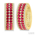 3/4 Ctw 2.00MM Round Cut Ruby and Round Cut Diamond Precious Hoop Earrings in 14K Yellow Gold