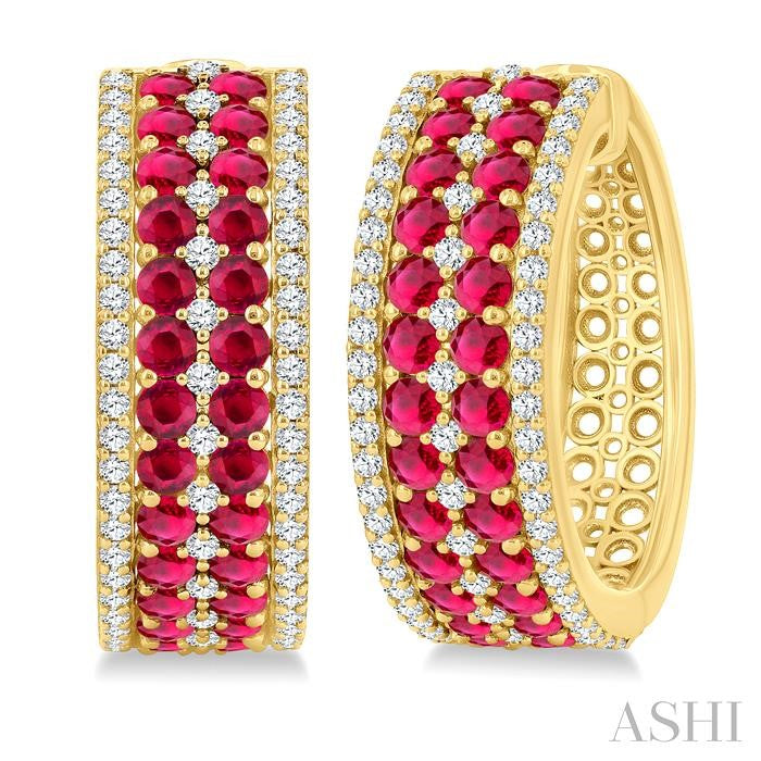 3/4 Ctw 2.00MM Round Cut Ruby and Round Cut Diamond Precious Hoop Earrings in 14K Yellow Gold