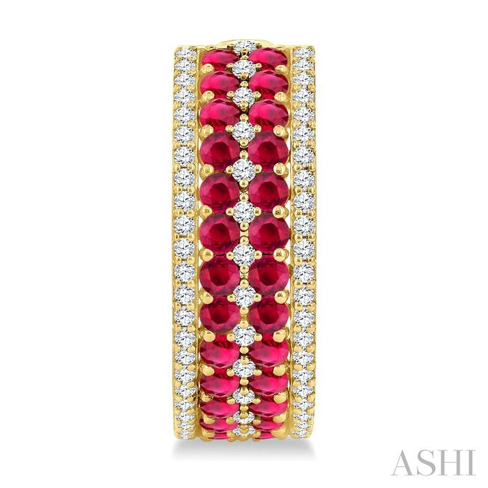 3/4 Ctw 2.00MM Round Cut Ruby and Round Cut Diamond Precious Hoop Earrings in 14K Yellow Gold