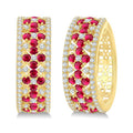 3/4 Ctw Floral Panel 1.80 MM Round Cut Ruby and Round Cut Diamond Precious Hoop Earrings in 14K Yellow Gold