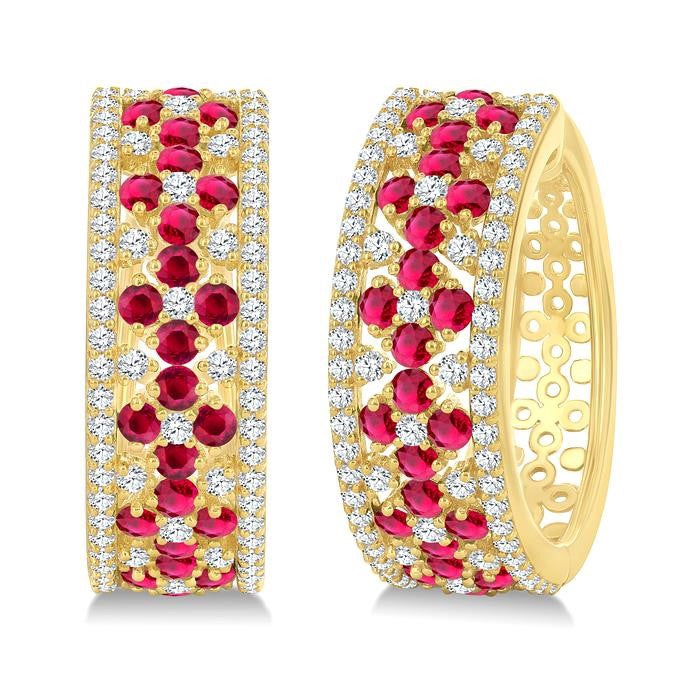 3/4 Ctw Floral Panel 1.80 MM Round Cut Ruby and Round Cut Diamond Precious Hoop Earrings in 14K Yellow Gold