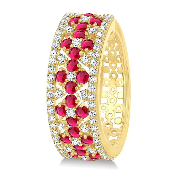 3/4 Ctw Floral Panel 1.80 MM Round Cut Ruby and Round Cut Diamond Precious Hoop Earrings in 14K Yellow Gold