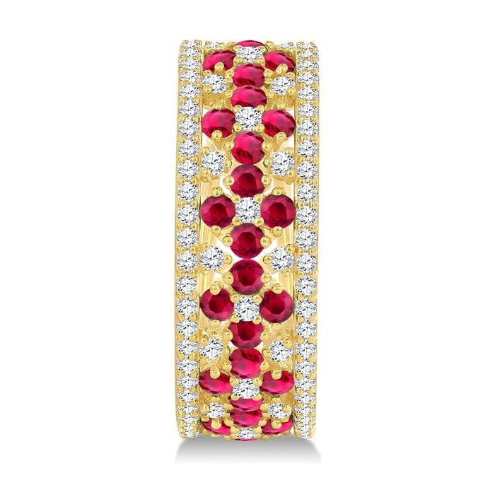 3/4 Ctw Floral Panel 1.80 MM Round Cut Ruby and Round Cut Diamond Precious Hoop Earrings in 14K Yellow Gold