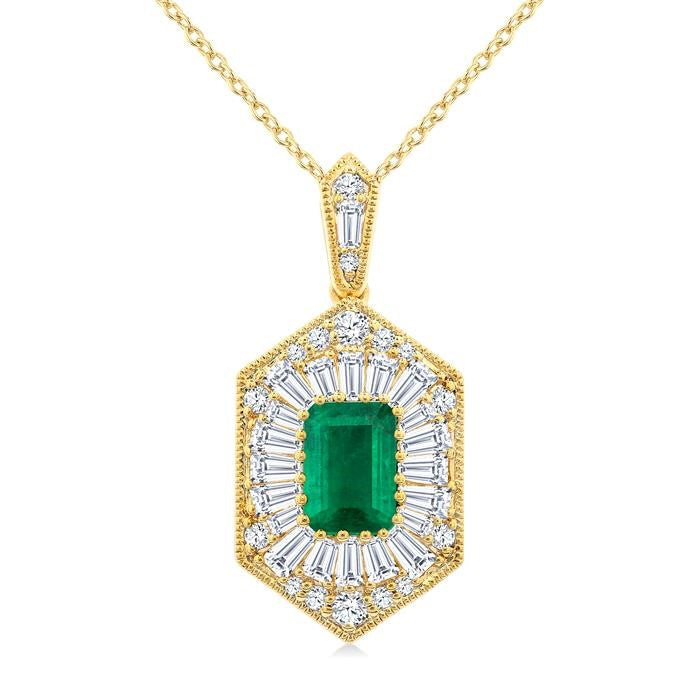 1/2 Ctw Art Deco Hexagon 6X4MM Octagon Shape Emerald, Baguette and Round Cut Diamond Precious Pendant With Chain in 14K Yellow Gold