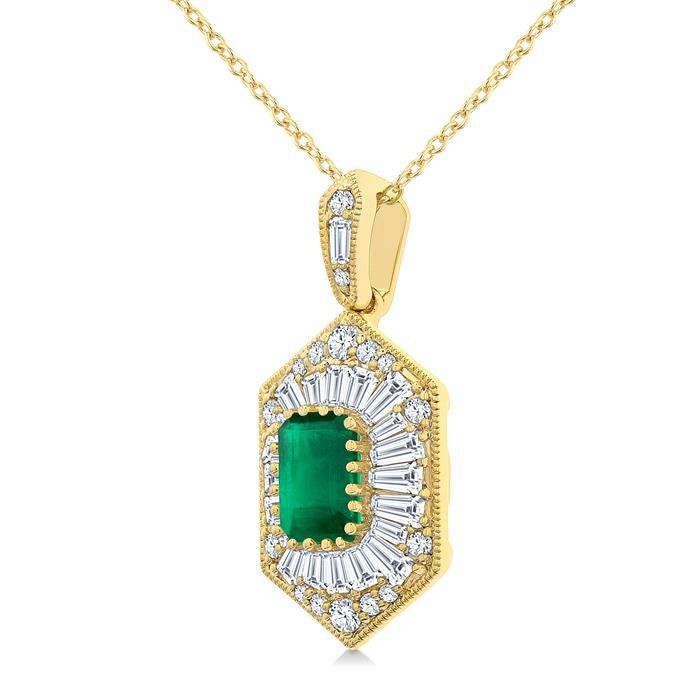 1/2 Ctw Art Deco Hexagon 6X4MM Octagon Shape Emerald, Baguette and Round Cut Diamond Precious Pendant With Chain in 14K Yellow Gold